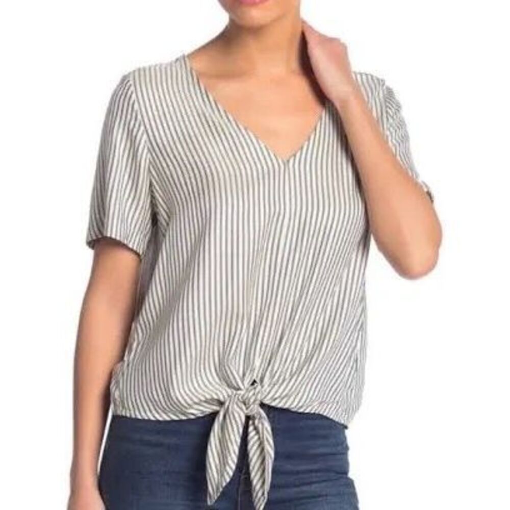 MADEWELL Women’s Navy Blue White Striped Short Sleeve Novel Tie Front Top Size X